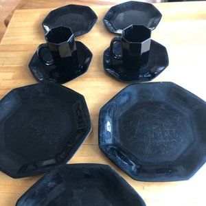 Vintage Arcoroc France Black Octagonal Espresso Coffee Cups Saucer Dinner Dishes